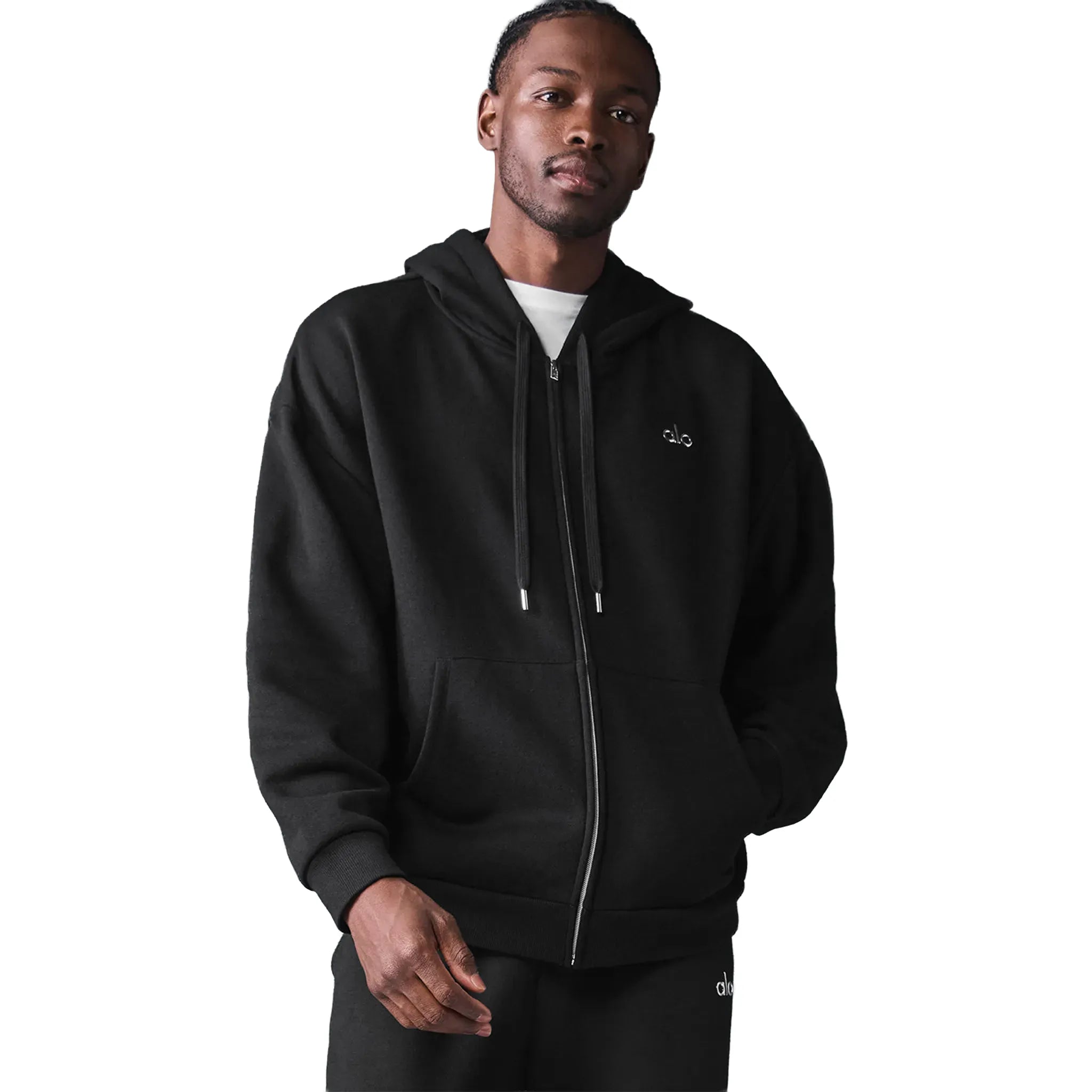 Front View of Alo Yoga Accolade Black Zip-Up Hoodie